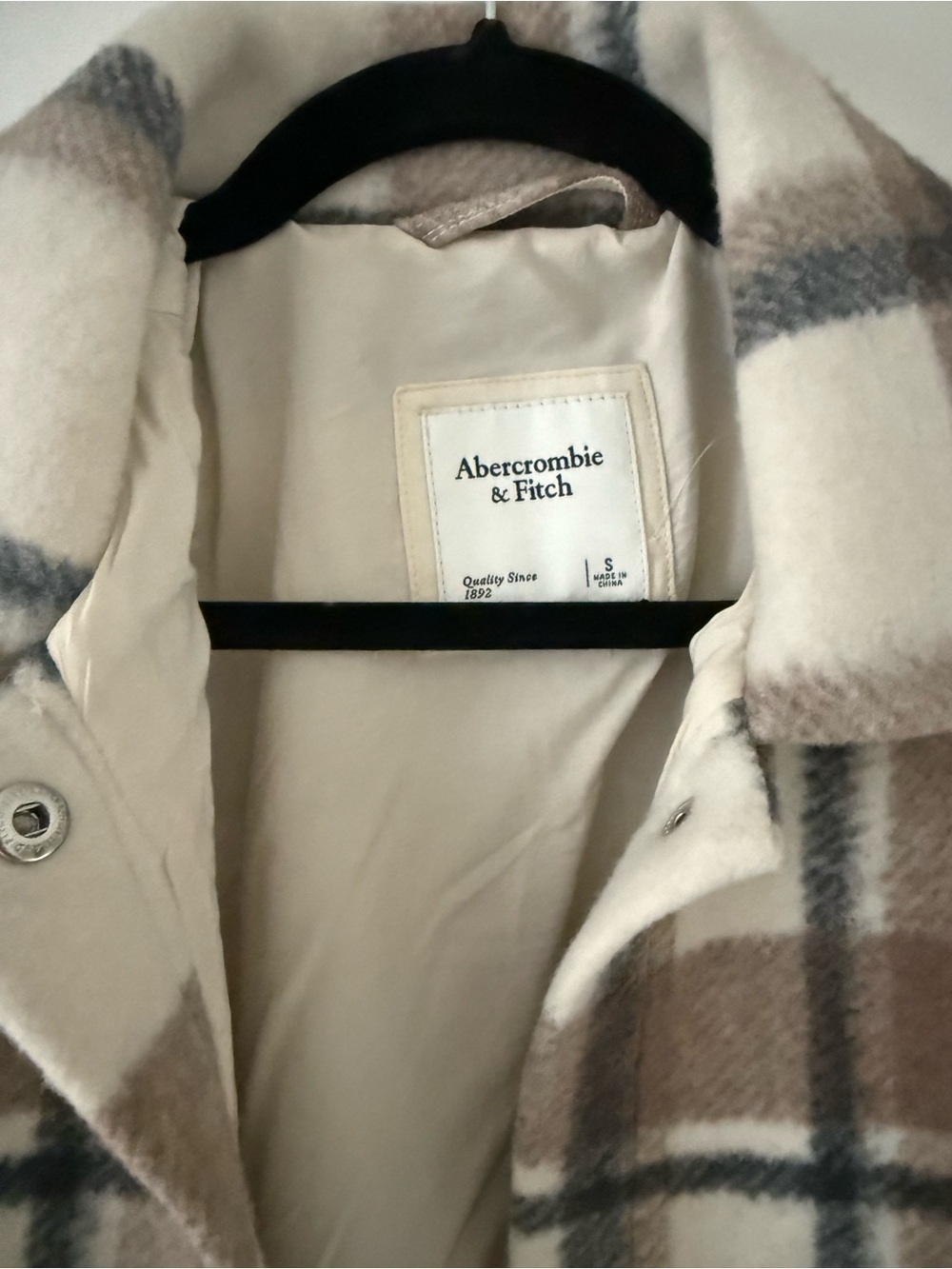 Abercrombie & Fitch Cream and Brown Plaid Teddy Shacket - Picture 2 of 2